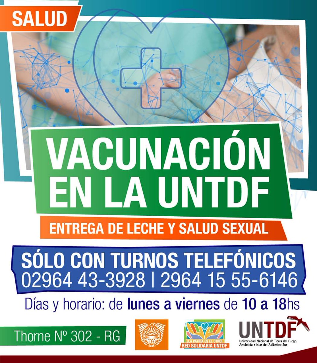 RadioUNTDF's tweet photo. 👩🏻‍⚕️ VACUNACIÓN EN LA UNTDF 👨🏻‍⚕️
+ entrega de leche y salud sexual 💯
✅ SÓLO CON TURNOS TELEFÓNICOS
📱 02964 43-3928 | 2964 15 55-6146

▶️ Días y horario: de lunes a viernes de 10 a 18hs.
En la uni: Thorne Nº 302 - #RíoGrande

#laUNTDFenelTerritorio #HRRG #UNTDF  #NosCuidamos https://t.co/KhoIkEuPK2