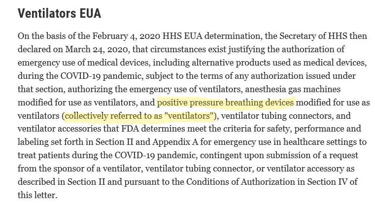 Alright, and the final thing on this is I know some still don't get the BiPAPs or CPAPs can be called ventilators. But don't @ me on this. This is from the FDA. So @ them.  https://www.fda.gov/medical-devices/emergency-situations-medical-devices/emergency-use-authorizations#covid19ventilators