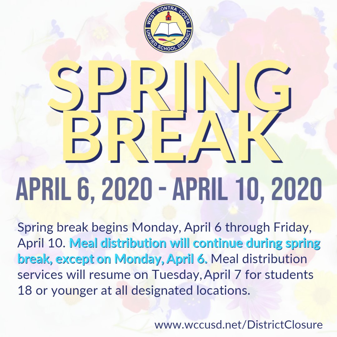 WCCUSD's tweet photo. Reminder: There will be no meal service available on Monday. Meal distribution services will resume on Tuesday, April 7 for students 18 or younger at all designated locations. https://t.co/lTGxqFWqax