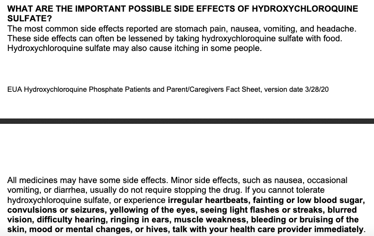 Trump just claimed that hydroxychloroquine can only help people, not hurt them. This is what his own FDA lists as side effects on the emergency authorization. @DrDenaGrayson, who unlike Trump, is a doctor, notes it can cause fatal heart arrhythmias.  https://twitter.com/DrDenaGrayson/status/1246561413868457984?s=20