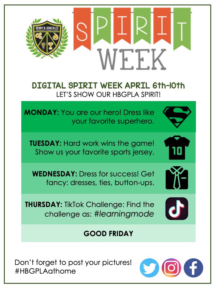 MsAngieLeal's tweet photo. Digital Spirit Week @HBGonzalezPLA!! Join us for a fun week full of learningπ #GPLAstrong #spiritweek #DISDathome @PersonalizeDISD @dallasschools https://t.co/2bKn0Kju4K
