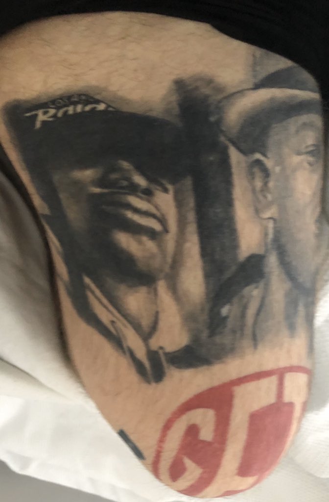 DamienSeery's tweet photo. Tattoo of @MrChuckD and #akshun Scareface from the Geto Boys. Yo Chuck #publicenemyno1 #chuckd #brothermob #hiphoplegends https://t.co/ALpiGLtZjt