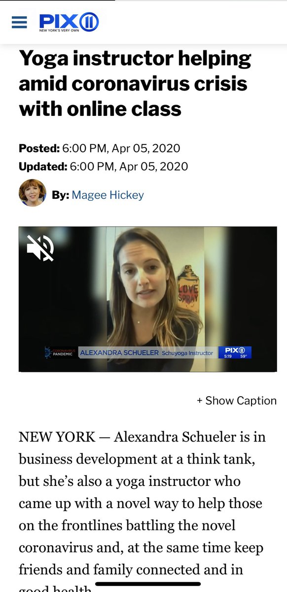 Alexschueler's tweet photo. @NYGovCuomo @NYGovCuomo we started a weekly virtual vinyasa yoga class to support healthcare workers @MontefioreNYC and @PIX11News just featured us tonight! It’s a great way to stay emotionally connected, physically active, and support New Yorkers on the frontlines while we #stayhome https://t.co/Yx6jxpGUWd