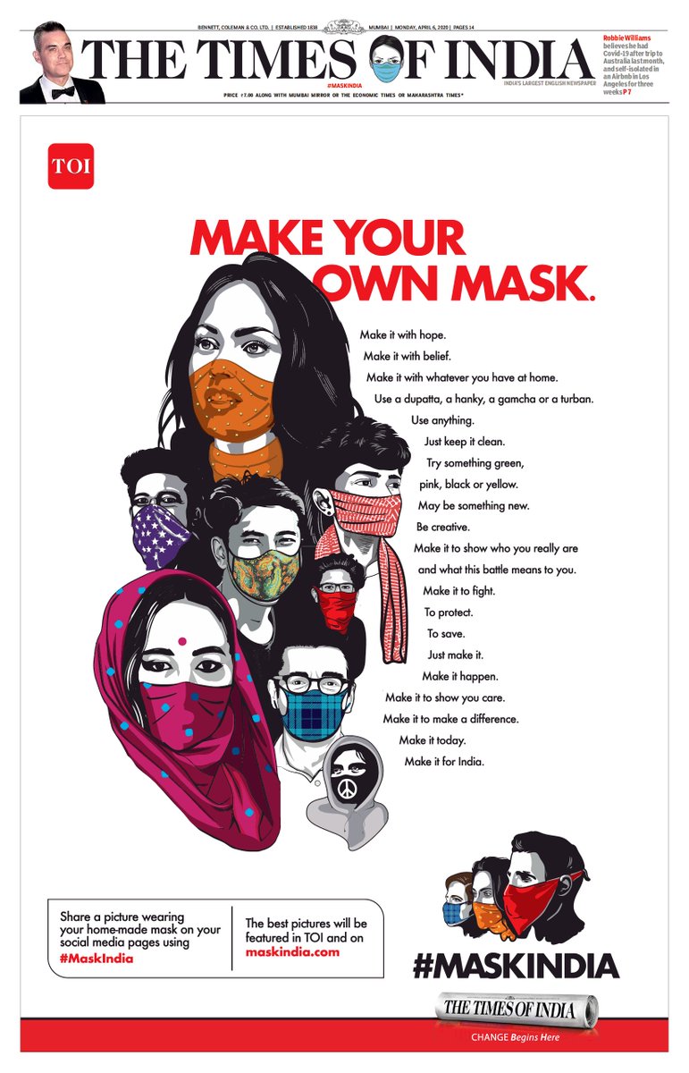 I’m excited and proud that  @timesofindia is launching  #MaskIndia, a movement to get every Indian to make a cloth mask and protect themselves and others! This is the front page of today's paper, and you can learn more at  http://www.maskindia.com  1/7