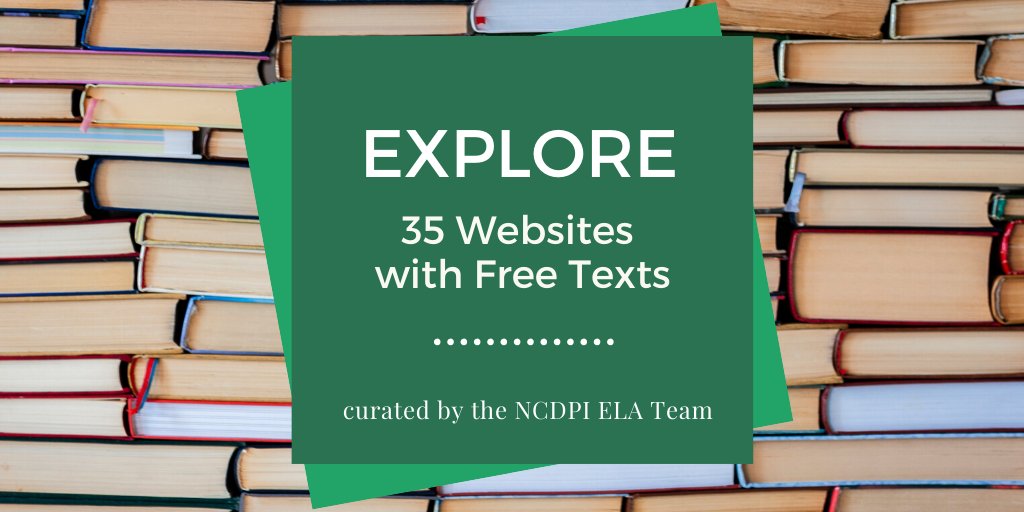 learnwithSAP's tweet photo. The @NCDPIELATEAM team has curated a list of 35 sites offering free texts! Many offer audio which can be an excellent scaffold for students!   https://t.co/XmVRBvPlEN #engchat #elachat #2ndaryela https://t.co/vuuvBjSyZL