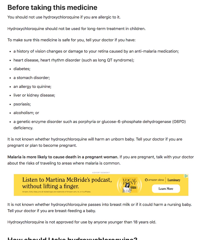 I'm not playing doctor like the  #POTUS, but I have the internet and I can read about the side effects of  #hydroxychloriquine - they do exist."What do you have to lose?" Read for yourself. The Trump Regime is desperate to act like they're doing something. https://www.drugs.com/hydroxychloroquine.html