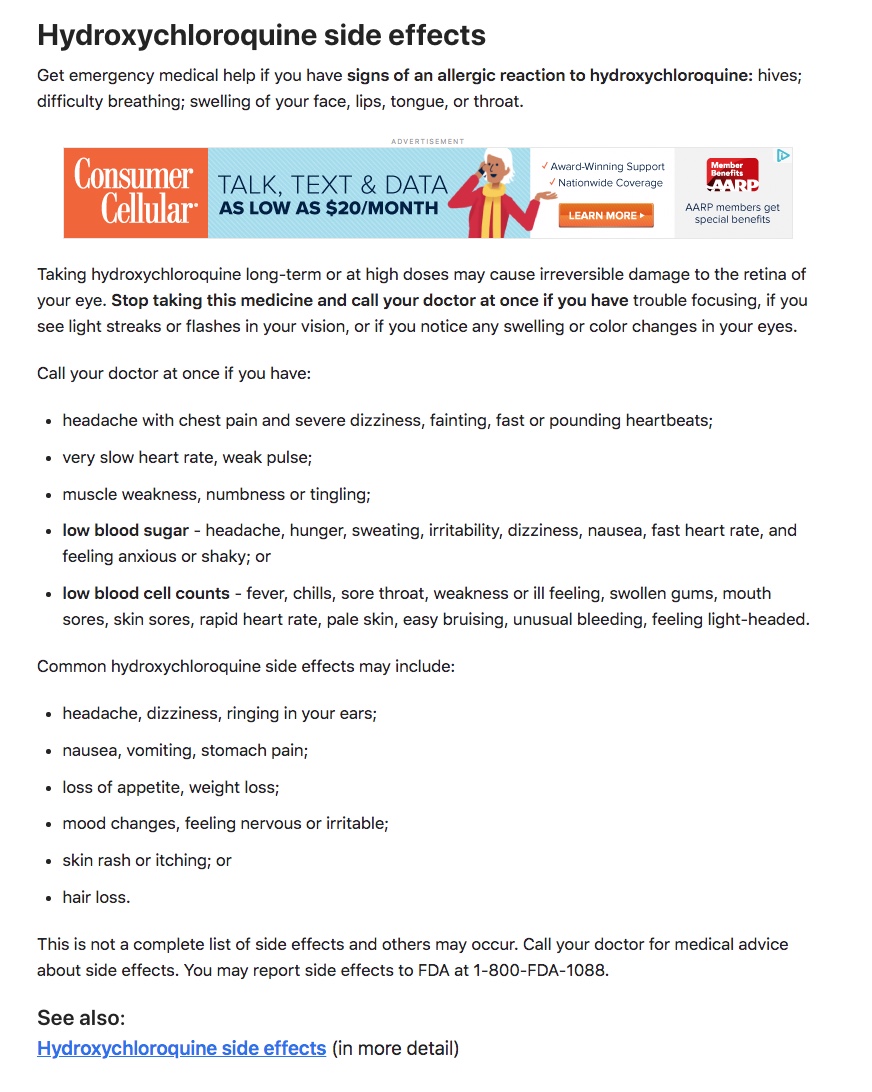 I'm not playing doctor like the  #POTUS, but I have the internet and I can read about the side effects of  #hydroxychloriquine - they do exist."What do you have to lose?" Read for yourself. The Trump Regime is desperate to act like they're doing something. https://www.drugs.com/hydroxychloroquine.html