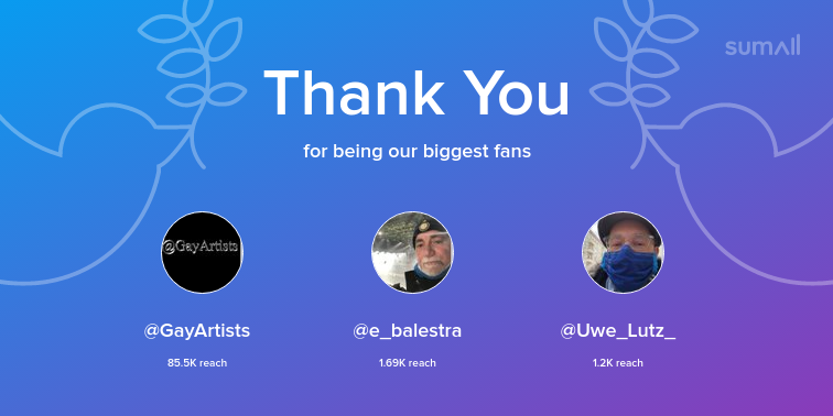 Our biggest fans this week: GayArtists, e_balestra, Uwe_Lutz_. Thank you! via sumall.com/thankyou?utm_s…