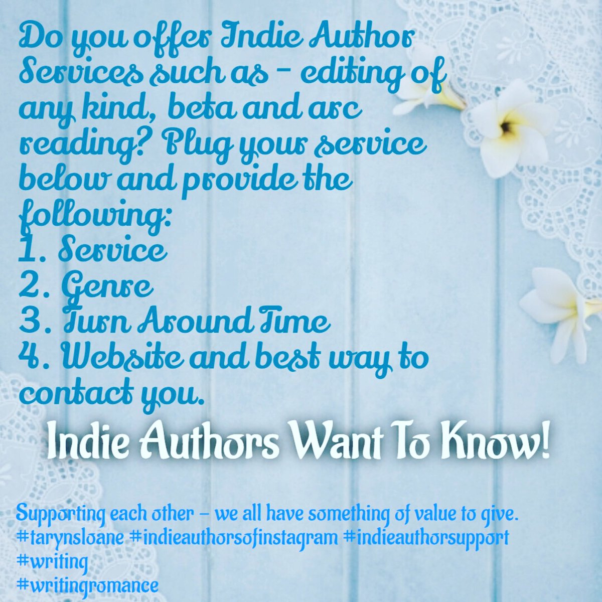 SloaneTaryn's tweet photo. Indie Author Supporters...I'm looking for you! #tarynsloane #indieauthors #indieauthorsupport #writing #writingromance https://t.co/g5KLTiP7u5