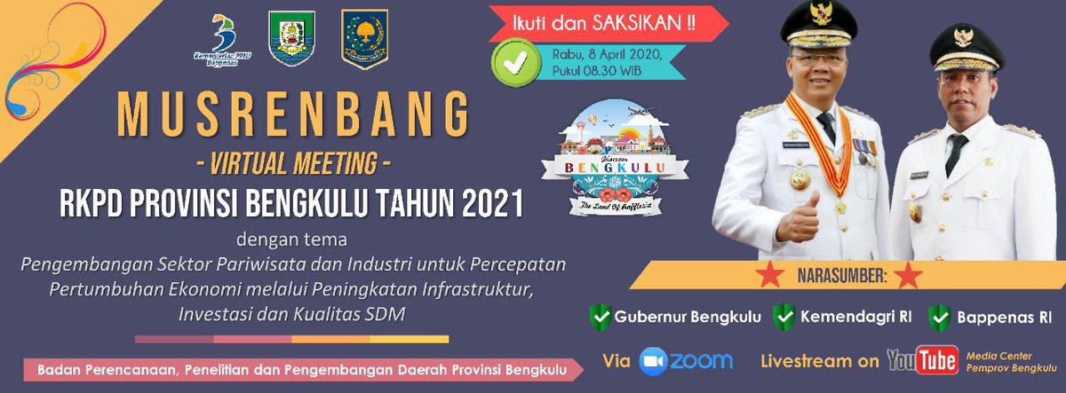 mediacenterBKL's tweet photo. Ikuti dan Saksikan!

MUSRENBANG VIRTUAL MEETING RKPD ROVINSI BENGKULU TAHUN 2021 

Rabu, 08 April 2020 Pukul 08.30 WIB.

Via Zoom dan live streaming Youtube Media Center Provinsi Bengkulu.
_

#bengkulusehat #bengkulumaju #wonderfulbengkulu2020 #tetapsemangatbangunbengkulu https://t.co/0le6wfY1Wn