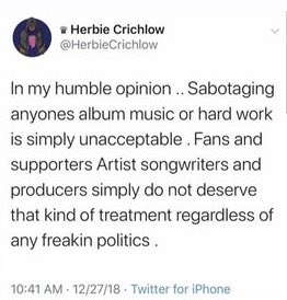 producers, Herbie Crichlow has subtly addressed Zayn’s situation and his silence throughout the ongoing creative battle with RCA Records