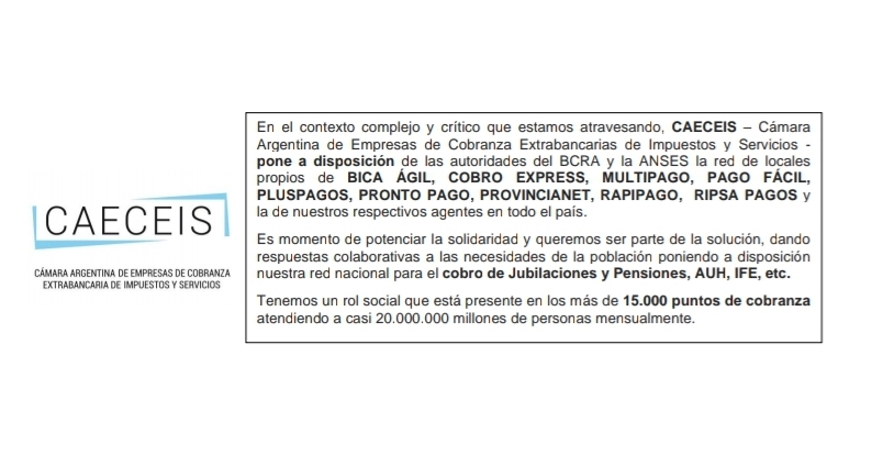 Ponemos a disposición del <a href="/BancoCentral_AR/">BCRA</a>  y de la <a href="/ansesgob/">ANSES</a> nuestra red de locales propios y agentes con más de 15.000 puntos de cobranza para aliviar la tarea de los bancos y evitar colapsar la operatoria poniendo en riesgo al sector más vulnerable de la población.