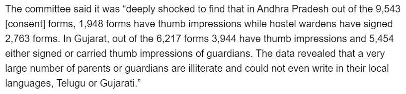 "The data revealed that a very large number of parents or guardians are illiterate and could not even write in their local languages, Telugu or Gujarati.” 4/8