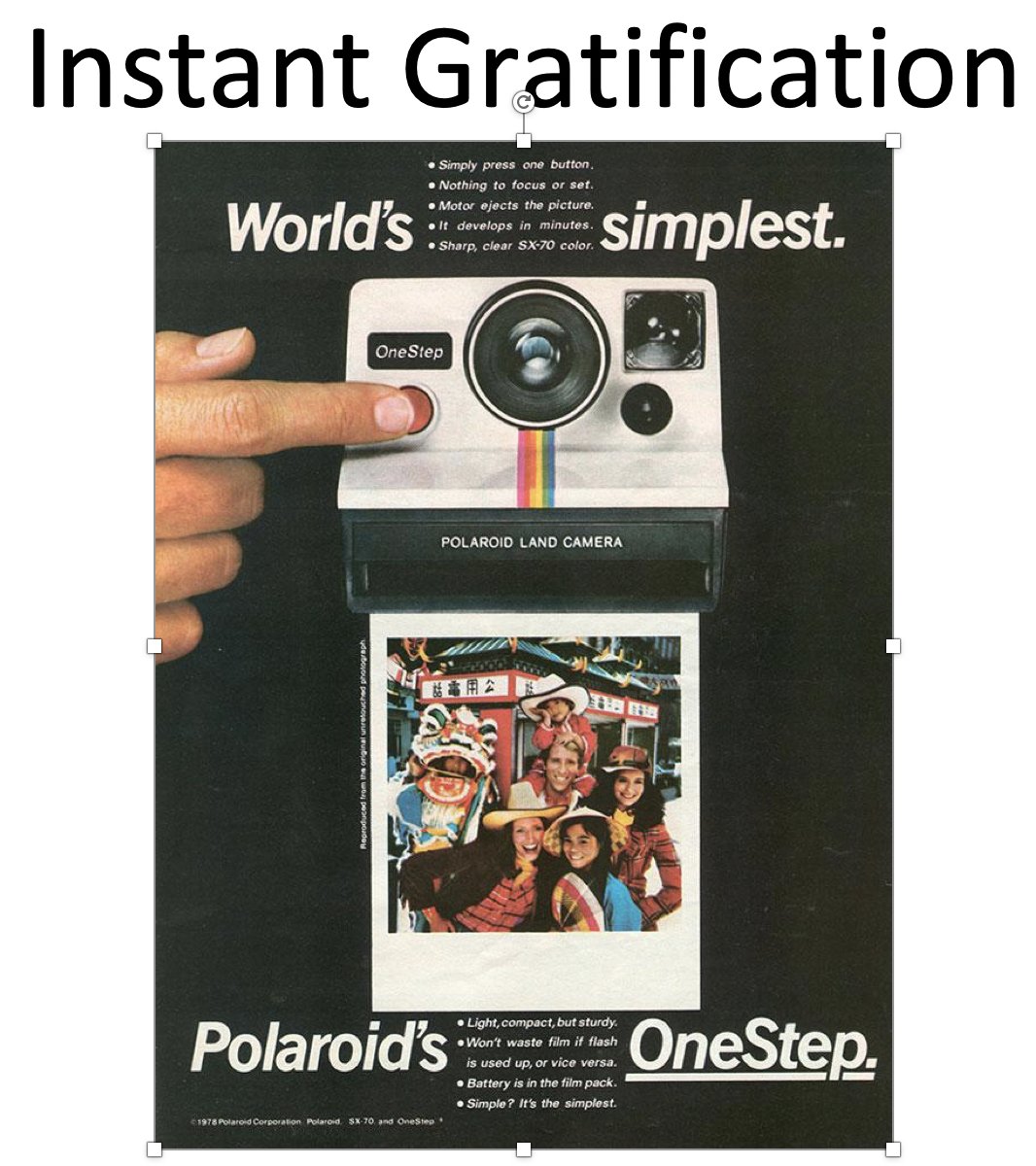 (6/n) Digital cameras would go on to fulfill a strong human craving for instant gratification. But make no mistake, this craving has its roots in the long past. Interestingly, the original Polaroid built for this very purpose became widely used around the same time.