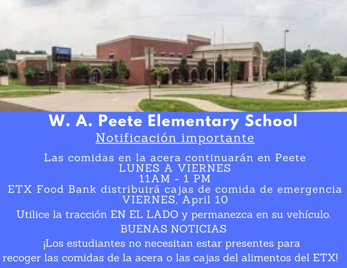We are continuing to offer free meals <a href="/peetetylerisd/">Peete Elementary</a> this week.  We will be offering #ETXFoodBank boxes on Friday.

Please continue to stay safe by abiding social distancing, washing hands, and only leaving home if you need to.  #StaySafe #Support #WildcatWords