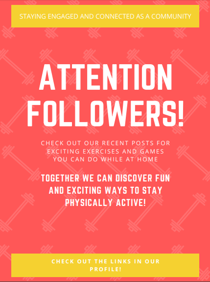 Em203O's tweet photo. For my final assignment, I have designed different ways that a local gym, organized team, or other organization can reach out to the members of their community in order to promote and maintain physical health while we are practicing social distancing! Feel free to promote! #EM203 https://t.co/S8HWzIp3x8