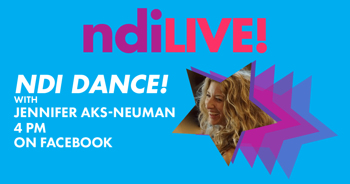 Come dance with us Monday, April 6th on Facebook at 4 PM for NDI Dance! with Jennifer Aks-Neuman! Experience NDI‘s award-winning program for all ages while Jen leads you through a warm-up and teach original choreography with music by NDI musicians. #DanceEmpowers #DanceTogether