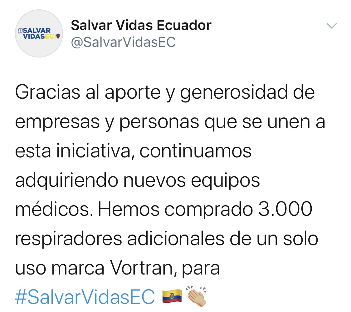 diariopinion's tweet photo. Este domingo 05 de abril, en la cuenta Twitter Salvar Vidas Ecuador se dio a conocer que han adquirido 3000 respiradores adicionales de un solo uso de la marca #Vortran y se informó que se entregaron 5 respiradores “de alta complejidad” al Hospital del Guasmo Sur, en #Guayaquil https://t.co/PkeKNiexcJ