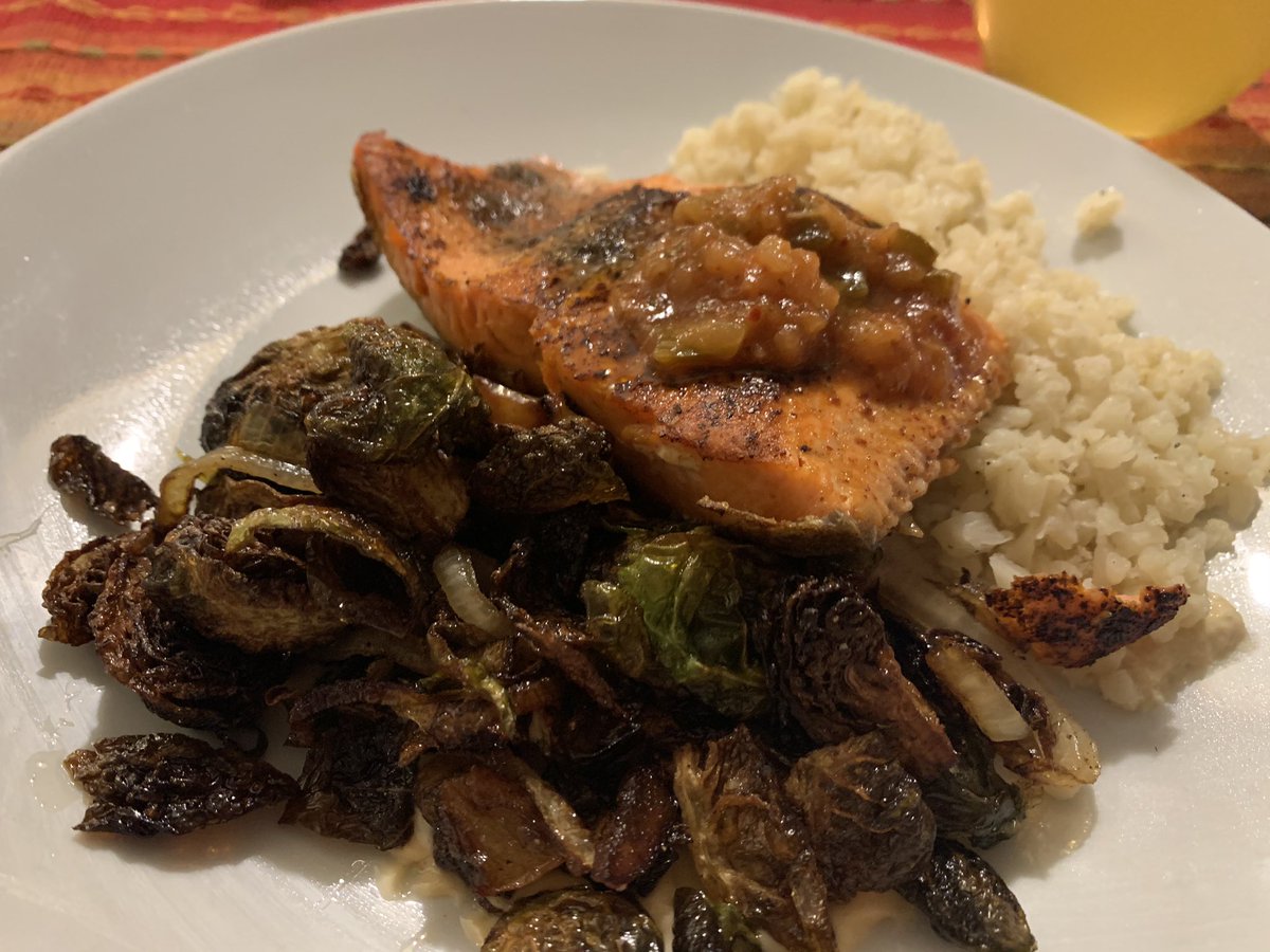 Tonight’s dinner: seared salmon with salsa, riced cauliflower over hummus, and fried Brussels sprouts with pickled onions over spicy mayo. I am never, ever going to stop being grateful for this incredible man 