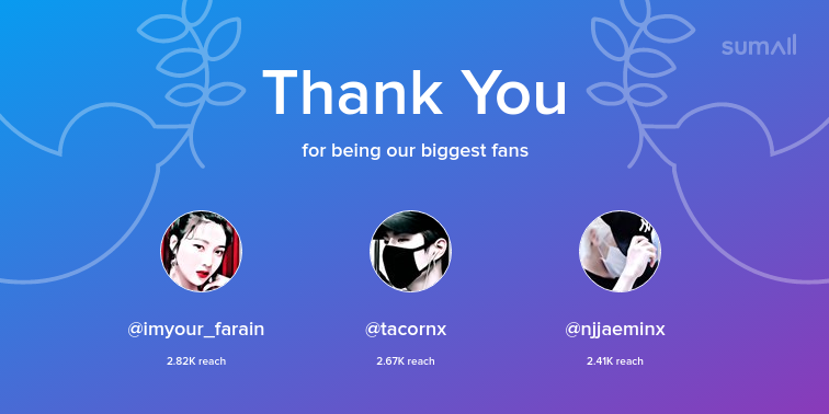 Our biggest fans this week: imyour_farain, tacornx, njjaeminx. Thank you! via sumall.com/thankyou?utm_s…