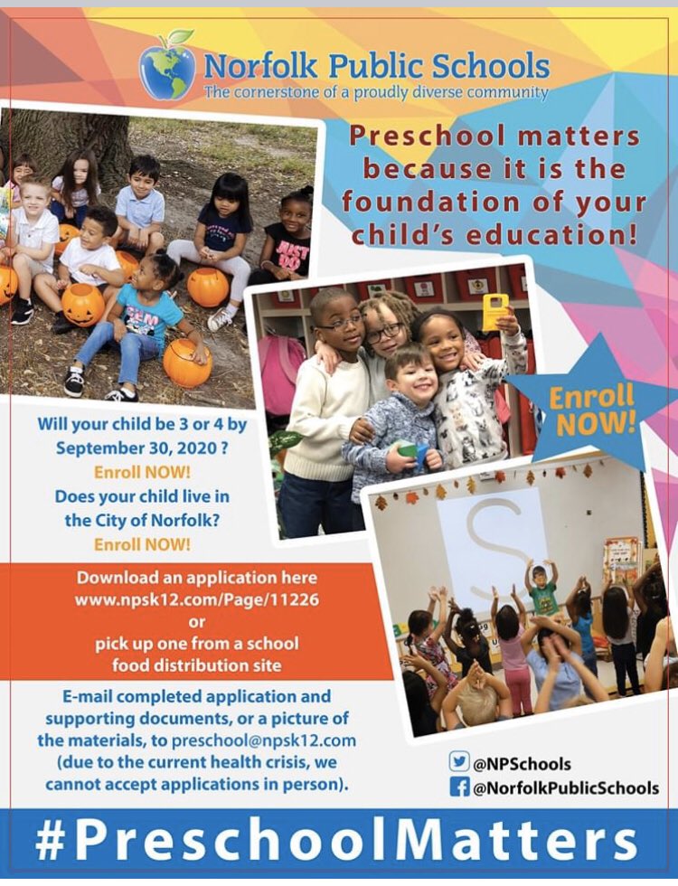 Norfolk Public Schools is still accepting applications for next school year! Please help us reach our families!! We miss our kiddos!! #preschoolmatters