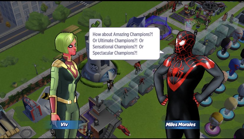 Viv and Miles’s conversation on trying to start up the game’s version of the Champions team