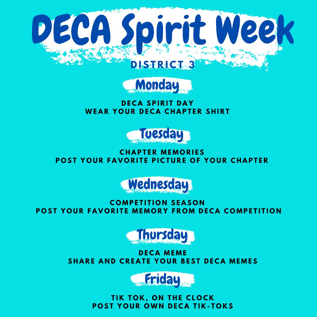 Join us this week for D3 spirit week! DM or share your DECA pride for a chance to be featured on our Twitter or Instagram!