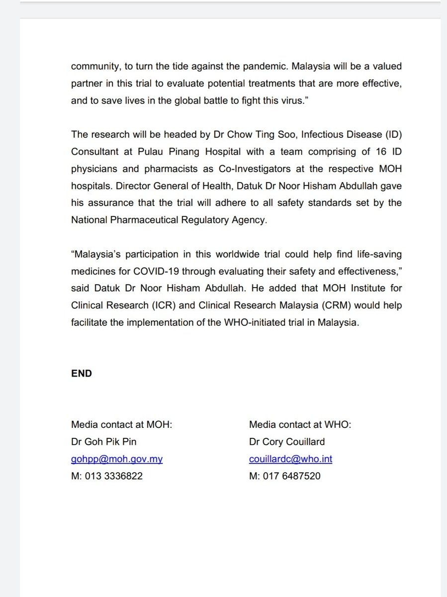 Malaysia terlibat dalam Kajiselidik Solidariti oleh <a href="/WHO/">World Health Organization (WHO)</a> bagi menguji ubat yang berpotensi merawat  #COVID19.

Kajiselidik ini mengumpul data keberkesanan rawatan menggunakan empat ubat.

Sebanyak 9 hospital dipilih terlibat dalam kajiselidik ini.

Kenyataan penuh BM/BI. 👇