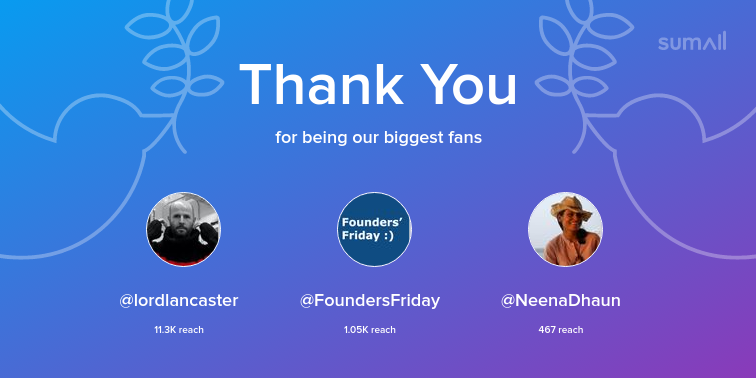 Our biggest fans this week: lordlancaster, FoundersFriday, NeenaDhaun. Thank you! via sumall.com/thankyou?utm_s…