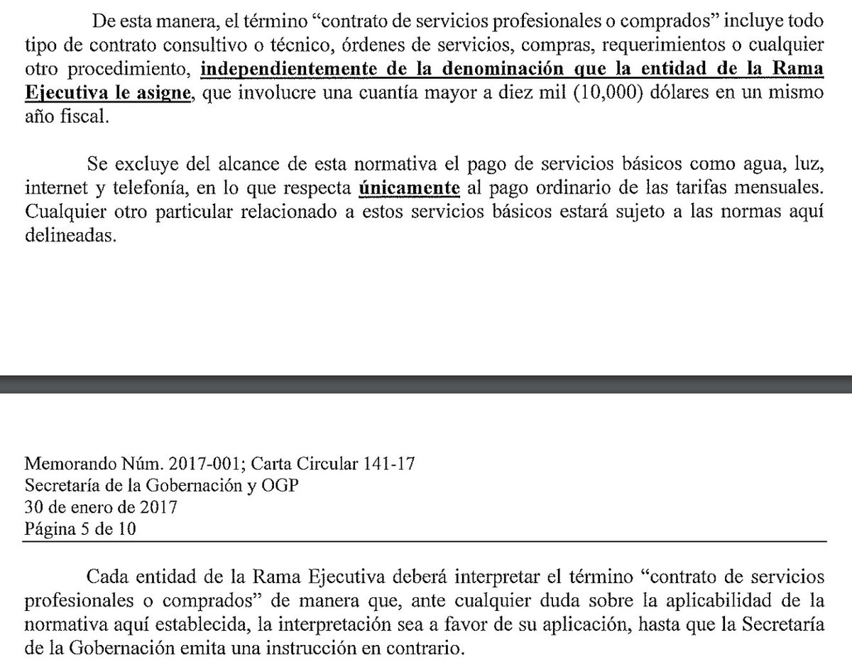 manuelnatal's tweet photo. Ley 3-2017 prohíbe contratación de servicios profesionales o comprados en exceso de $10,000 sin autorización previa de la Gobernadora.

Memorando 2017-01 aclara que incluye 
"compras" y establece que, durante emergencias, Gobernadora tiene que ser notificada dentro de 24 horas. https://t.co/myZJCuMuQU
