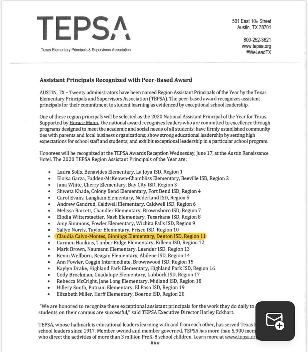 GinningsElem's tweet photo. Congratulations to our very own Claudia Calvo-Montes, Assistant Principal, for being named the 2020 TEPSA Region 11 Assistant Principal of the Year! We are so #GinningsProud of you, @ClaudiaBolivian. 🏆 @dentonisd @ESCRegion11 @TEPSAtalk @TEPSARegion11 https://t.co/WqkyfHbMEp