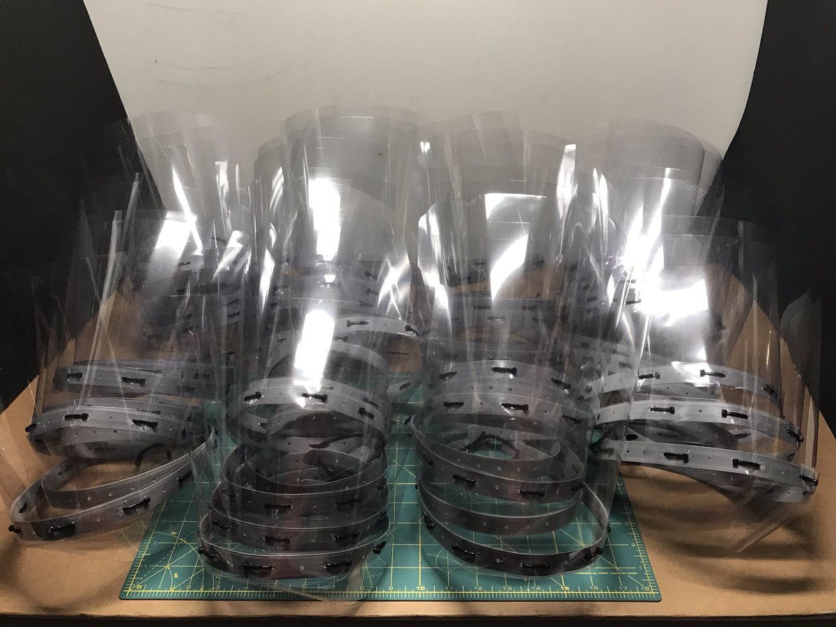 GimmeBuilds's tweet photo. Wow! Thanks to @cabletiesnelco I was able to make 50 PPE Face Shields, this weekend, for area First Responders. #MakerStrong #HackThePandemic #StayHomeSaveLives #MakePPE Instructions on how to build these are pinned to my profile. 👍 https://t.co/0kNQXX9pN4