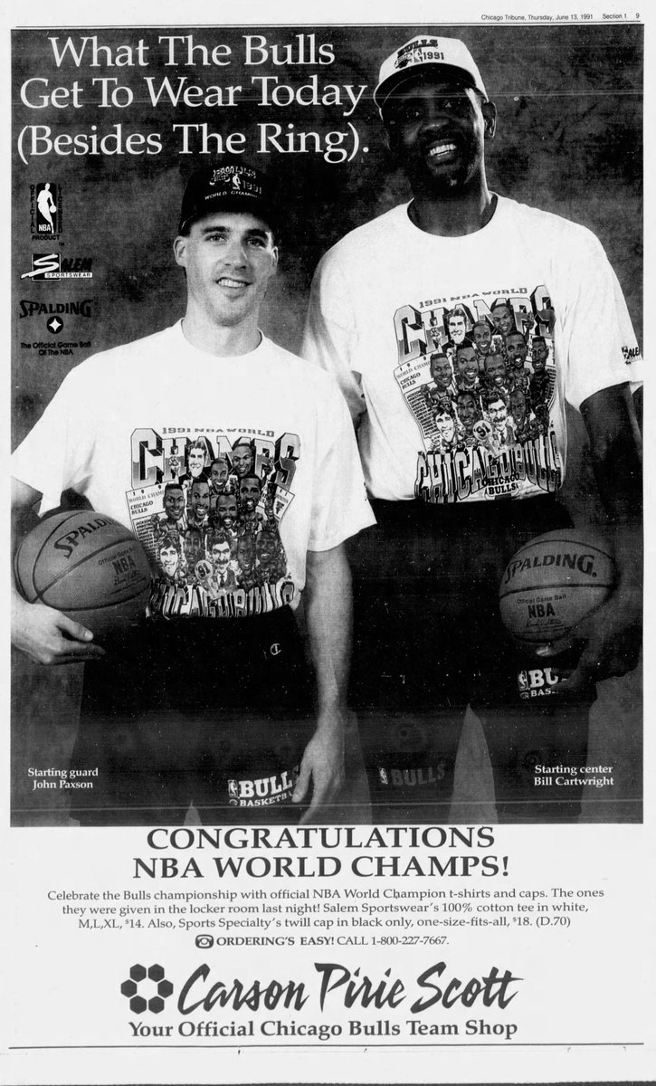 Chicago Tribune:June 13, 1991June 15, 1992June 21, 1993The day after each first three-peat championship, Carson Pirie Scott ran ads with Bill Cartwright and John Paxson modeling the caricature championship shirts and the hats.I want to learn the story behind these shoots.