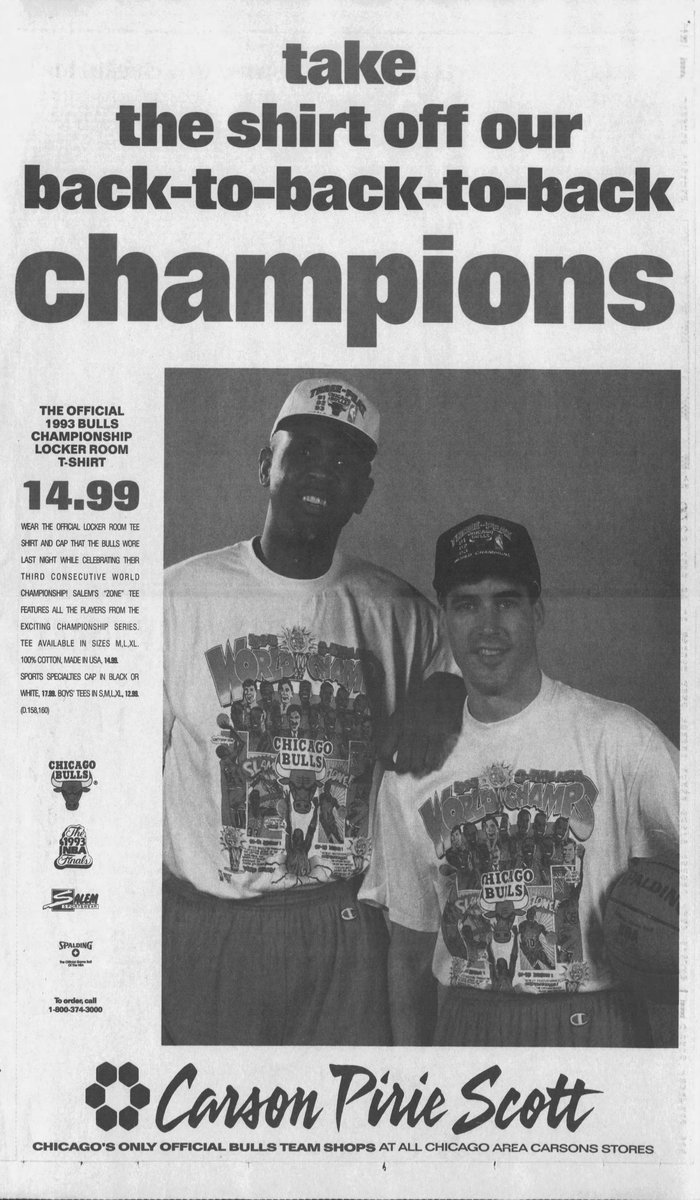 Chicago Tribune:June 13, 1991June 15, 1992June 21, 1993The day after each first three-peat championship, Carson Pirie Scott ran ads with Bill Cartwright and John Paxson modeling the caricature championship shirts and the hats.I want to learn the story behind these shoots.