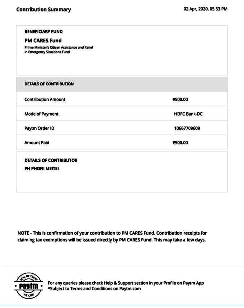 SanaMeitram's tweet photo. My friend #Phoni Meitei has also donated Rs.500/- to #PMCaresFunds . He is presently working as a District #President of BJP Imphal West District. Thanks @RakeshSinha01 ji for motivating us to raise the fund for the National Interest. Jai Hind https://t.co/IF8uEO1BFq