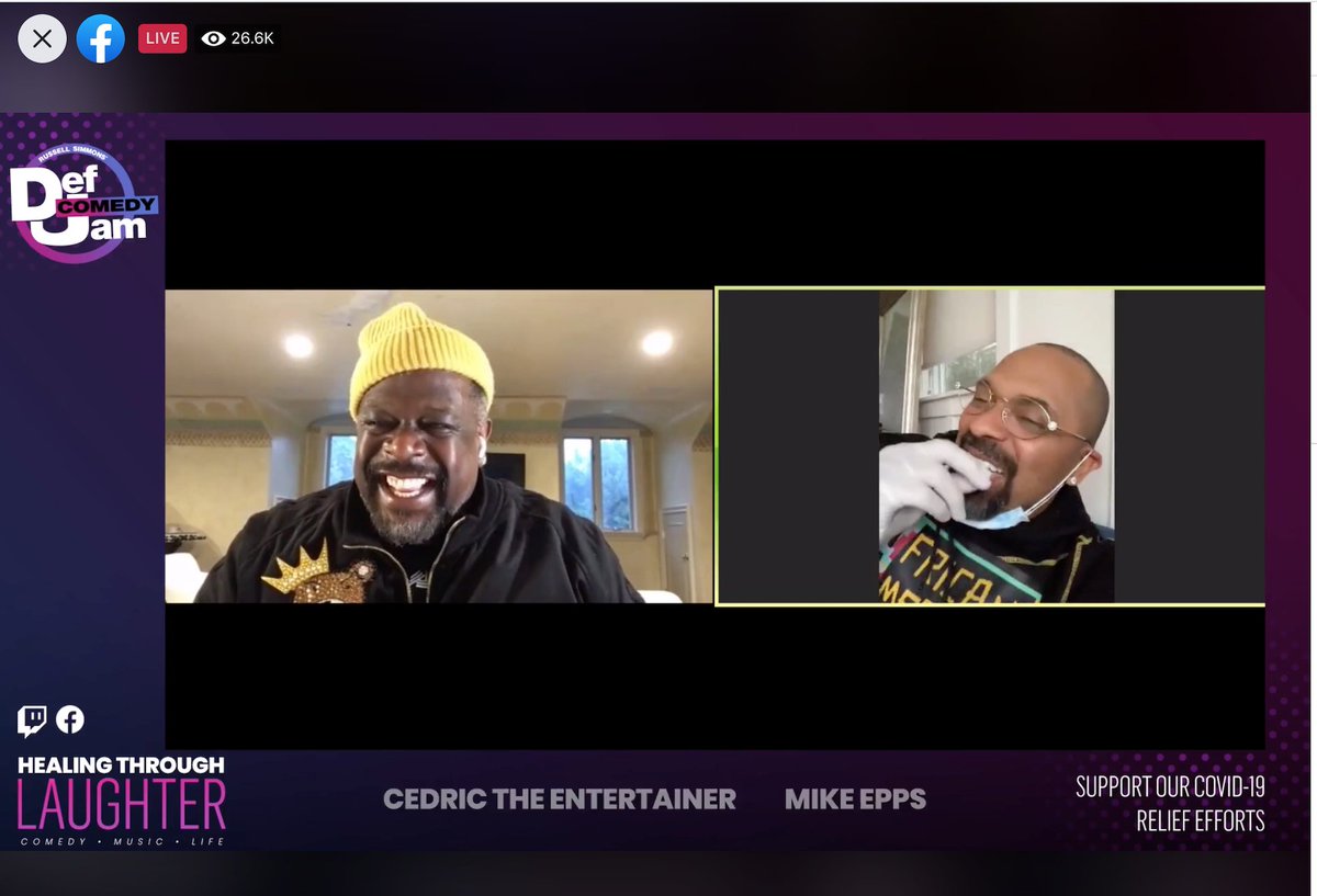 If you love comedy, tune in!  #QuaranteenAndChill and get your laugh on with  #DefComedyJam's Healing Through Laughter | Supporting  #COVID19 Relief Efforts. Streaming Live on Facebook & Twitch. WATCH NOW  https://www.facebook.com/cedrictheentertainer/videos/3680588155316405