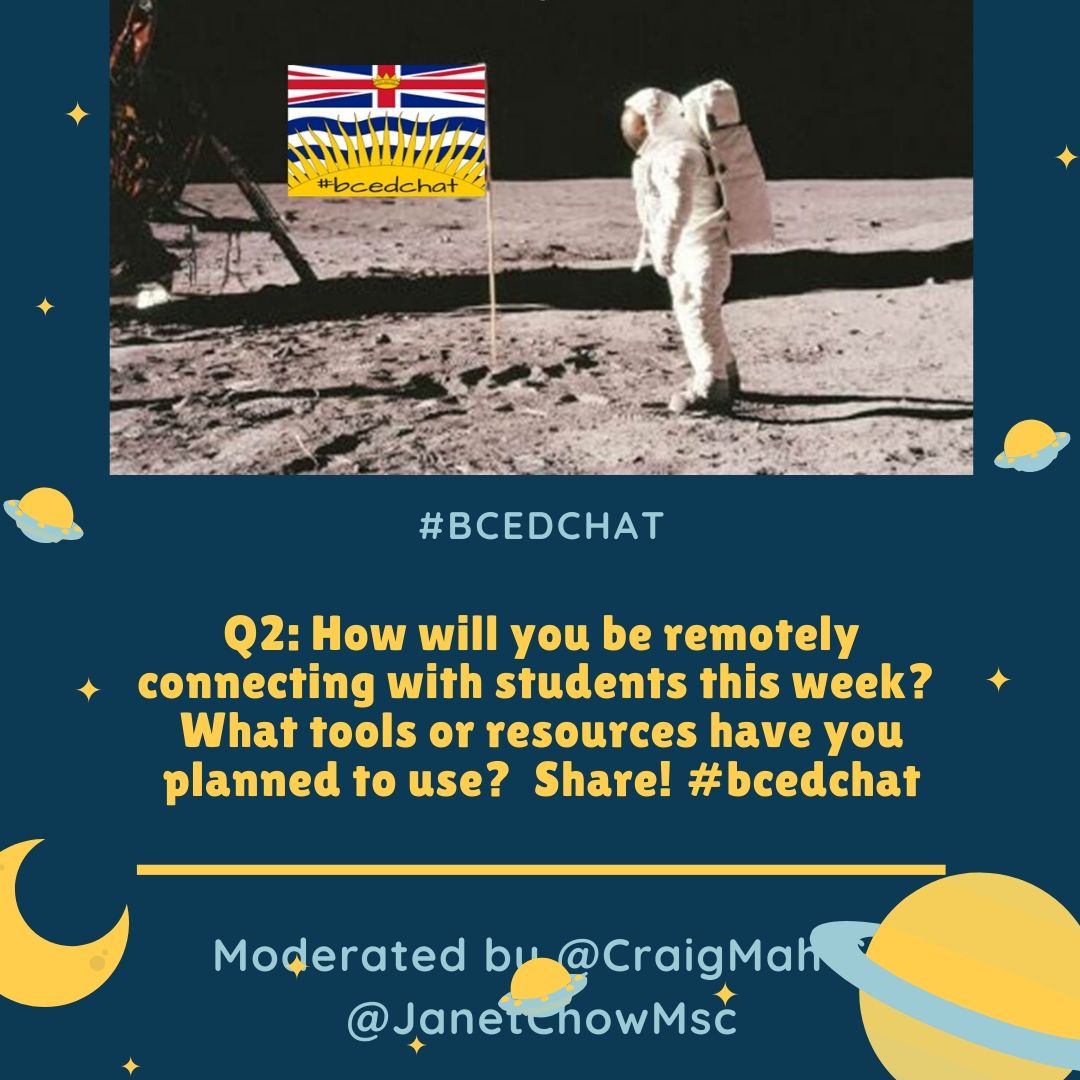 CraigMah's tweet photo. Q2: How will you be remotely connecting with students this week?  What tools or resources have you planned to use?  Share! #bcedchat https://t.co/LSCPKzNrmZ
