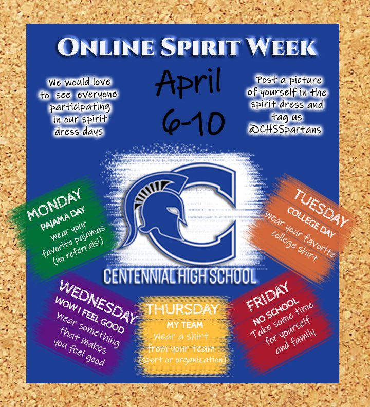 ikieholder's tweet photo. Keep some of the school traditions alive for Centennial High School during online learning.  Spirit Week Dress Up days. Students and staff dress up and share your photos with us ⁦@CHSSpartans⁩ https://t.co/ruy34jJQCS