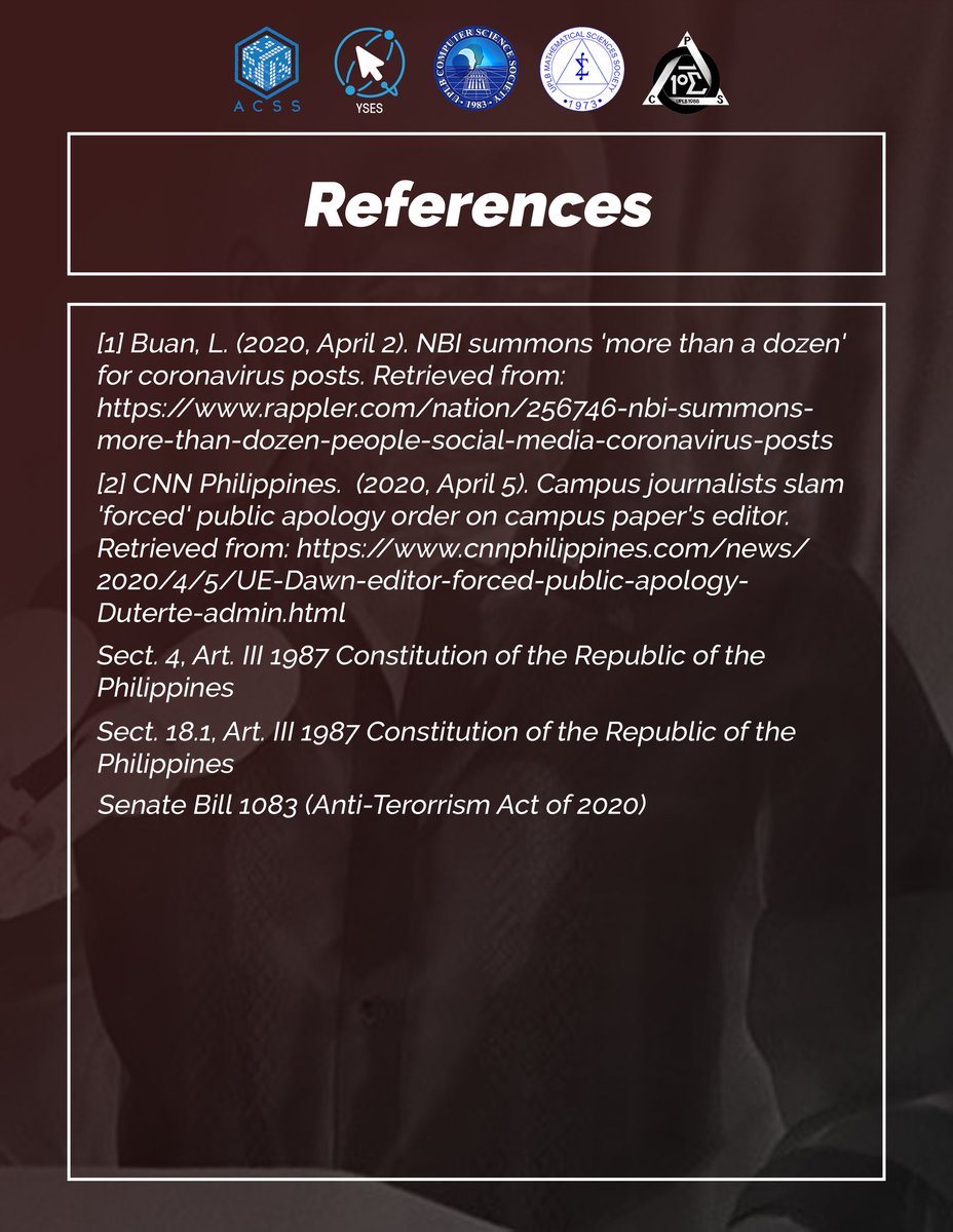 UPLBUSC's tweet image. UNITY STATEMENT OF UPLB COMPUTER COMPUTER SCIENCE ORGANIZATIONS AGAINST UNAUTHORIZED ONLINE SURVEILLANCE OF THE GOVERNMENT

#StopTheAttacks
#NoToCyberSurveillance

Link to Full Statement:

facebook.com/35862783418017…