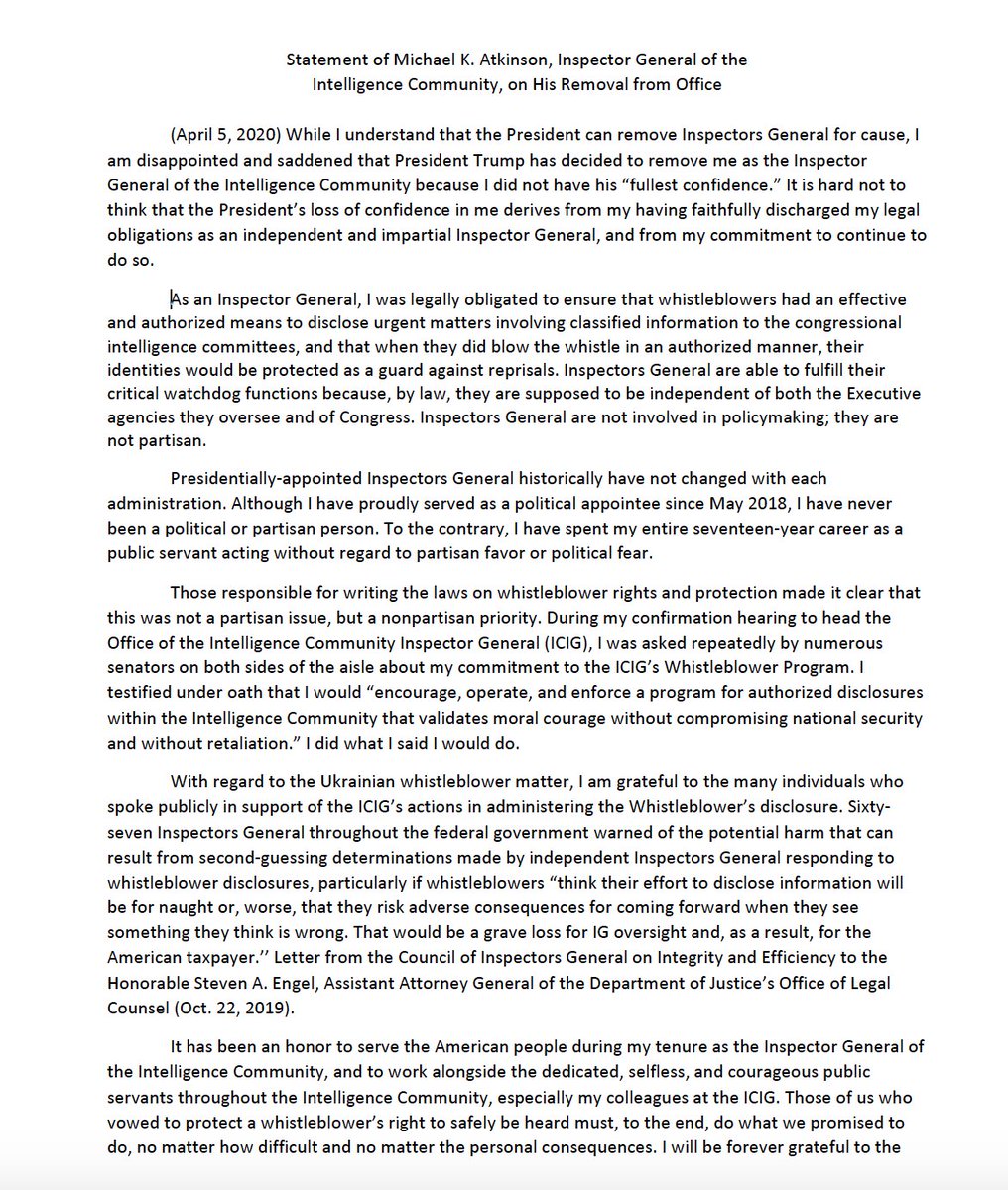 SenAdamSchiff's tweet photo. A powerful message from Inspector Gen. Atkinson after his retaliatory firing:

“The American people deserve an honest and effective government. They are counting on you to use authorized channels to bravely speak up...

“Please do not allow recent events to silence your voices.” https://t.co/J6lCRHDSeJ