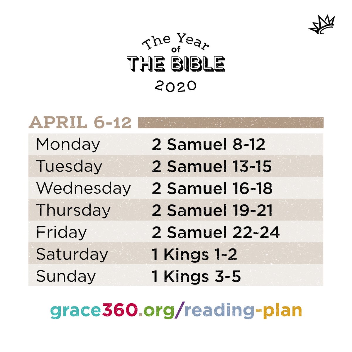 Reading the Bible in 2020 with Grace? Here are the chapters for this week. Want to start reading? Visit grace360.org/reading-plan for details.