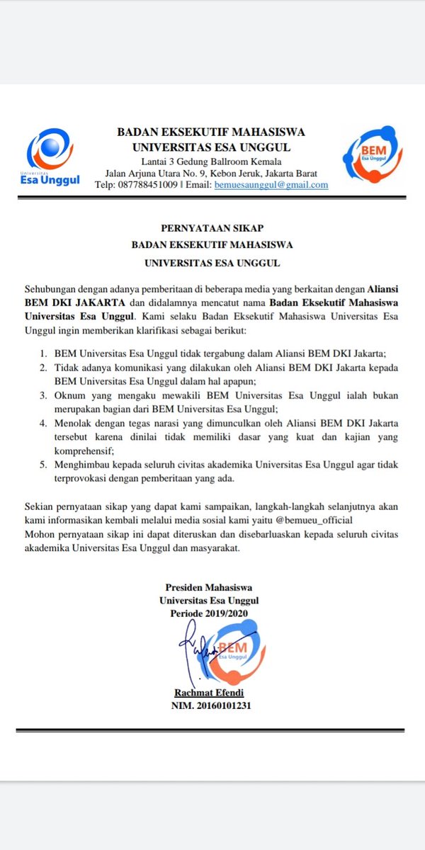maulanadarwiss's tweet photo. Pernyataan sikap Badan Eksekutif Mahasiswa Esa Unggul perihal keterkaitan dengan Aliansi BEM Jakarta
#aliansibemJakarta https://t.co/Pozlw4KCrm