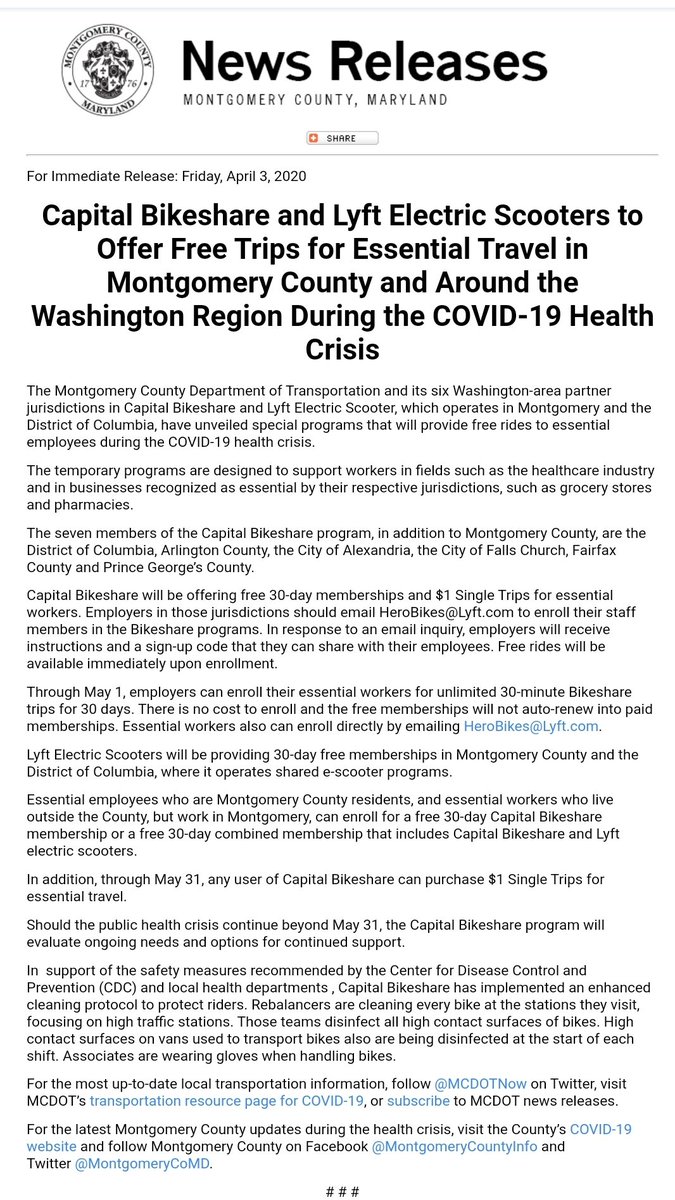 FreeinMD's tweet photo. [Montgomery County, MD] - Capital Bikeshare and Lyft Electric Scooters offer Free Trips for Essential Travel  during COVID-19 https://t.co/7t5tqgjURM