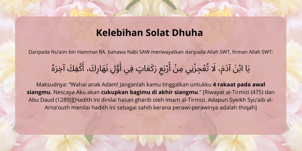 Why Solat Dhuha?Rasulullah mewasiatkan kepada Abu Hurairah supaya todak tinggalkan tiga perkara; puasa tiga hari sebulan, solat dhuha and witr sebelum tidurPlus solat dhuha is also sedekah to our sendi and with 4 rakaat solat dhuha, rezeki akan cukup