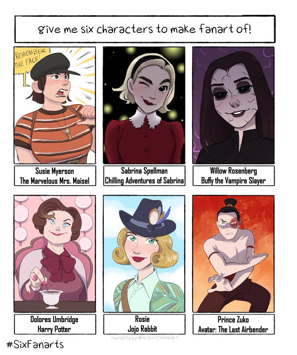 Thanks for all the great suggestions!! I doodled about a dozen I liked, and finished up these 6 that I liked best ?

LOVING all the fanarts I'm seeing on y'alls accounts!

#sixfanarts 