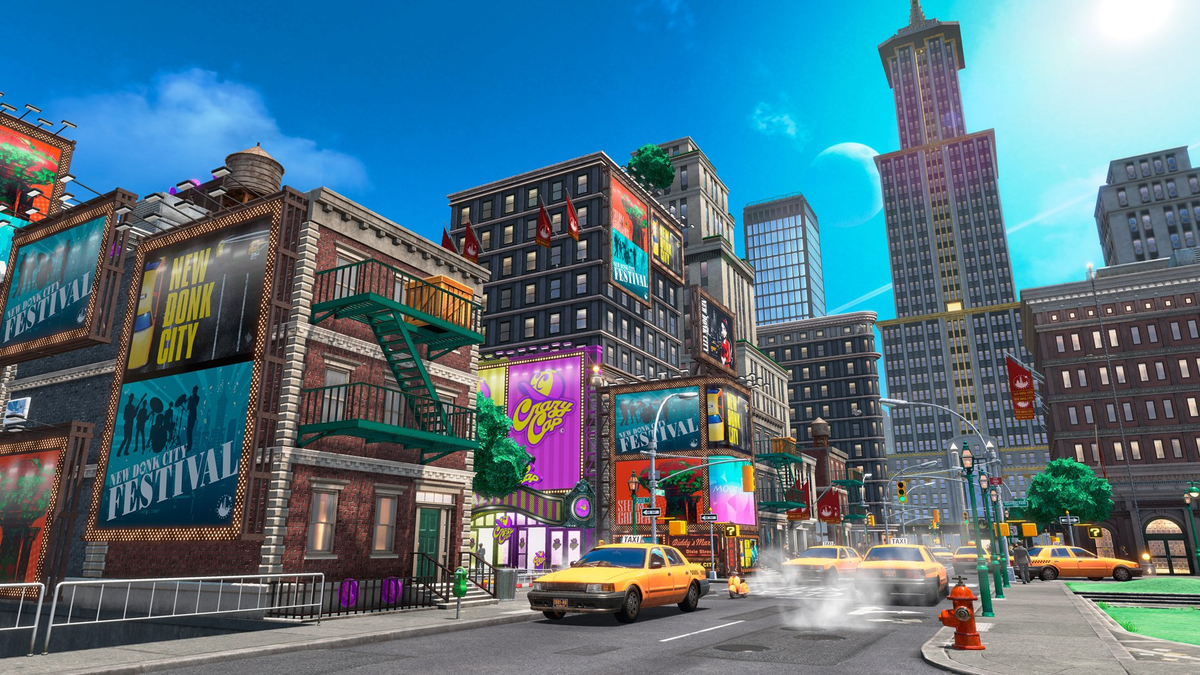 An image featuring New Donk City from Super Mario Odyssey. It has a nice view of New Donk City Hall