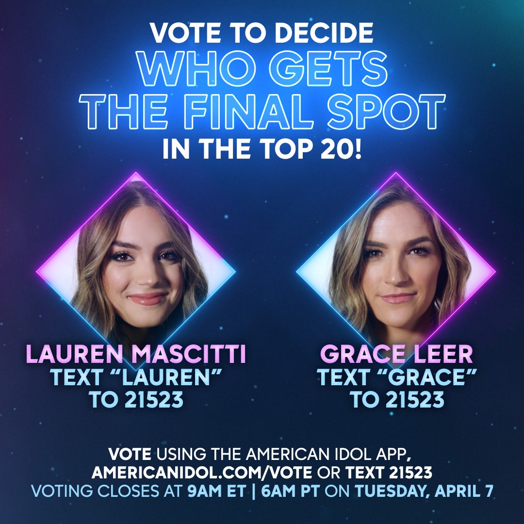 American Idol The Top Is In Your Hands America Who Will You Vote For Graceleermusic Or Laurenmascitti You Have Until 9am Et 6am Pst Tomorrow To Decide T Co yxa1a4vb T Co Vg36rm7r7v American Idol The Top Is In Your Hands America Who Will You Vote For Graceleermusic Or Laurenmascitti You Have Until 9am Et 6am Pst Tomorrow To Decide T Co yxa1a4vb T Co Vg36rm7r7v