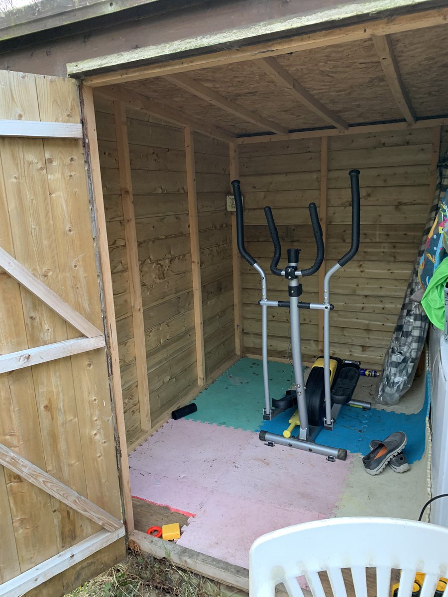 donners32's tweet photo. Not the most glamorous gym, but dug out an old cross trainer at the weekend and set it up in the garden shed. All I needed was motivation and @EwenDCameron and #Clyde2 to get a shift in before the kids get up #StayHome https://t.co/kY9shpj9T1