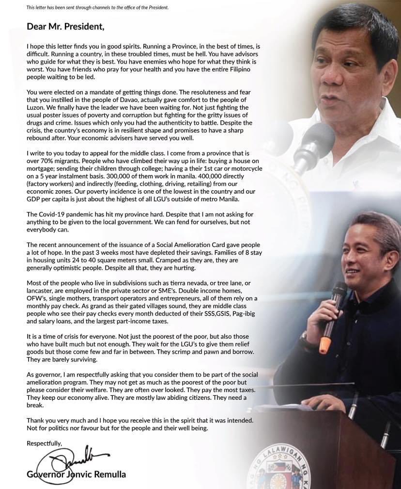 SouthSnippets's tweet photo. LOOK: Cavite Gov. @jonvicremulla shares this letter he wrote to President Duterte sent through the channel to the Office of the President. He appeals for the reconsideration of the middle class in the government’s Social Amelioration Program.

#southAlerts
#ECQ
#COVID19PH https://t.co/vi5rWj9yCs
