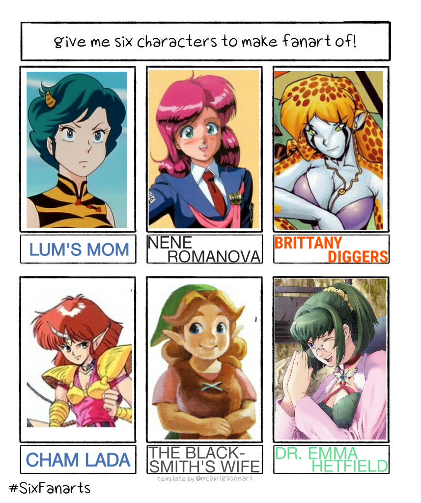 Xtilaromi's tweet photo. @captaintaco2345 @JAME_Arts @Magra215
I think all three of you put out the blank template earlier. I've since filled it out. By rule, these have no OCs.
#SixFanartsChallenge #SixFanarts #UruseiYatsura #BubblegumCrisis #GoldDigger (by Antarctic Press) #Valis3 #LoZALBW #WildArms https://t.co/u046rRWQO6